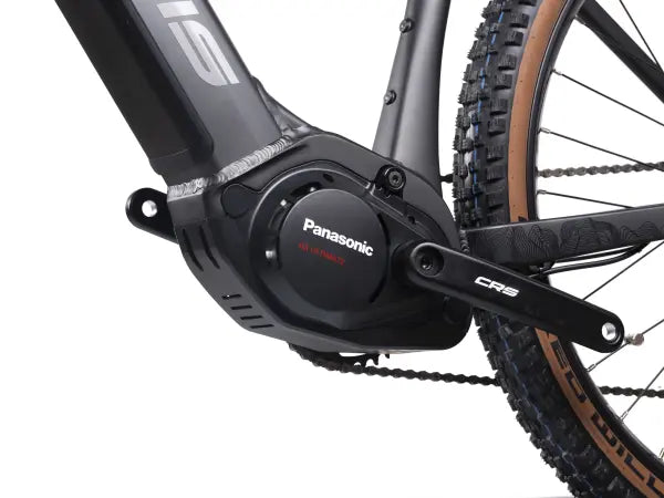 Crussis ONE-Guera 10.10 Women’s Mountain E-Bike Close-up of a bicycle with Panasonic electric bike motor on a white background.