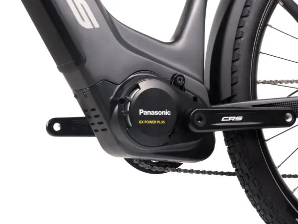 Close-up of a Crussis ONE-Country 7.10 City E-Bike – Panasonic Motor, 522Wh Battery, 130km Range, Low Step Frame with Panasonic GX Power Plus motor and CRS chain.