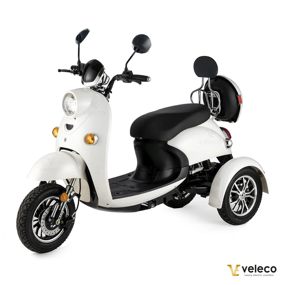 Veleco ZT63 Retro Mobility Scooter 650W-White three-wheeled scooter with black seat on a white background, featuring the Veleco brand.