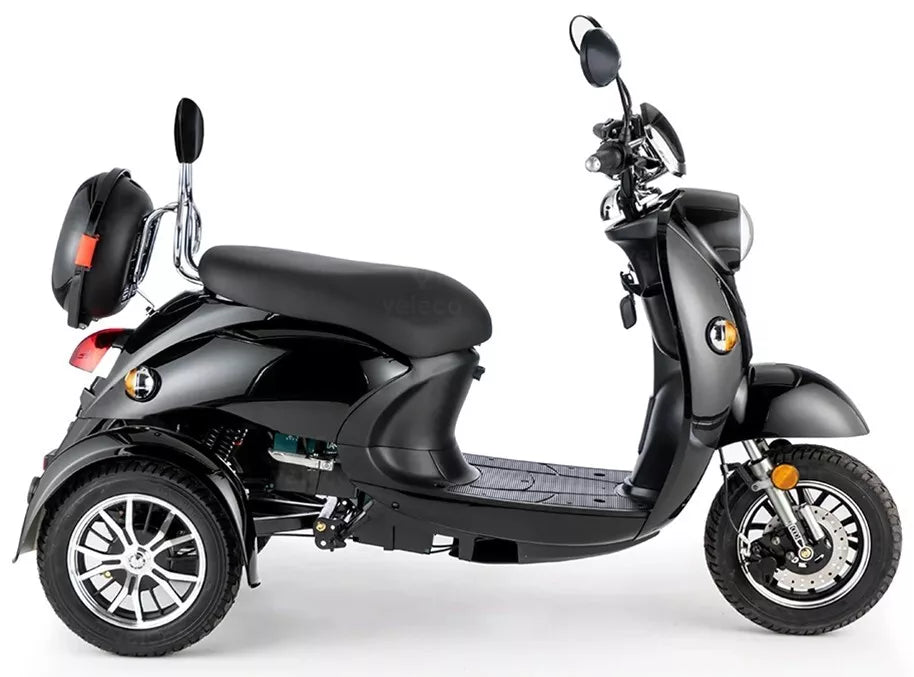 Veleco ZT63 Retro Mobility Scooter 650W-Black three-wheeled scooter on a white background