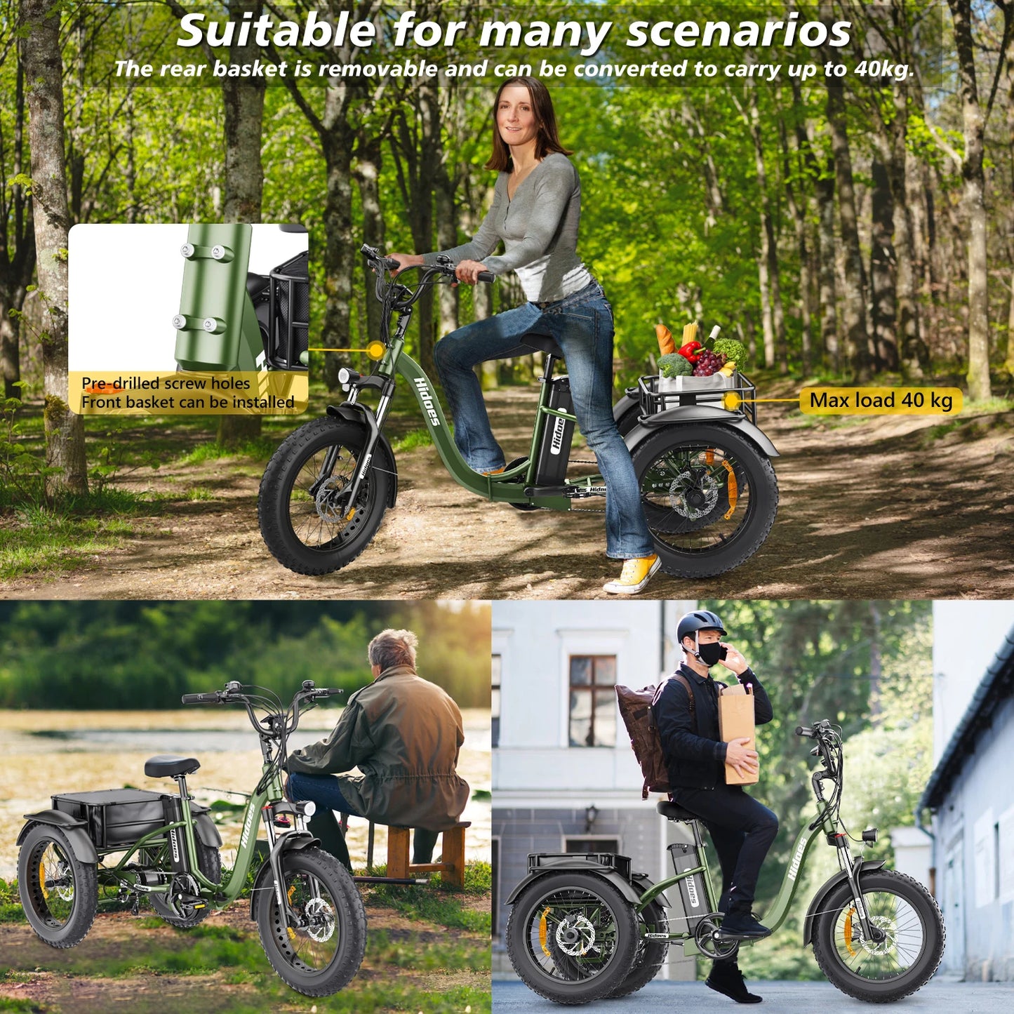 Electric Tricycle Foldable 750W Motor 48V20ah Lithium Battery Reversible Cargo Etrike All-terrain 20*4.0 Fat Tire Electric Trike