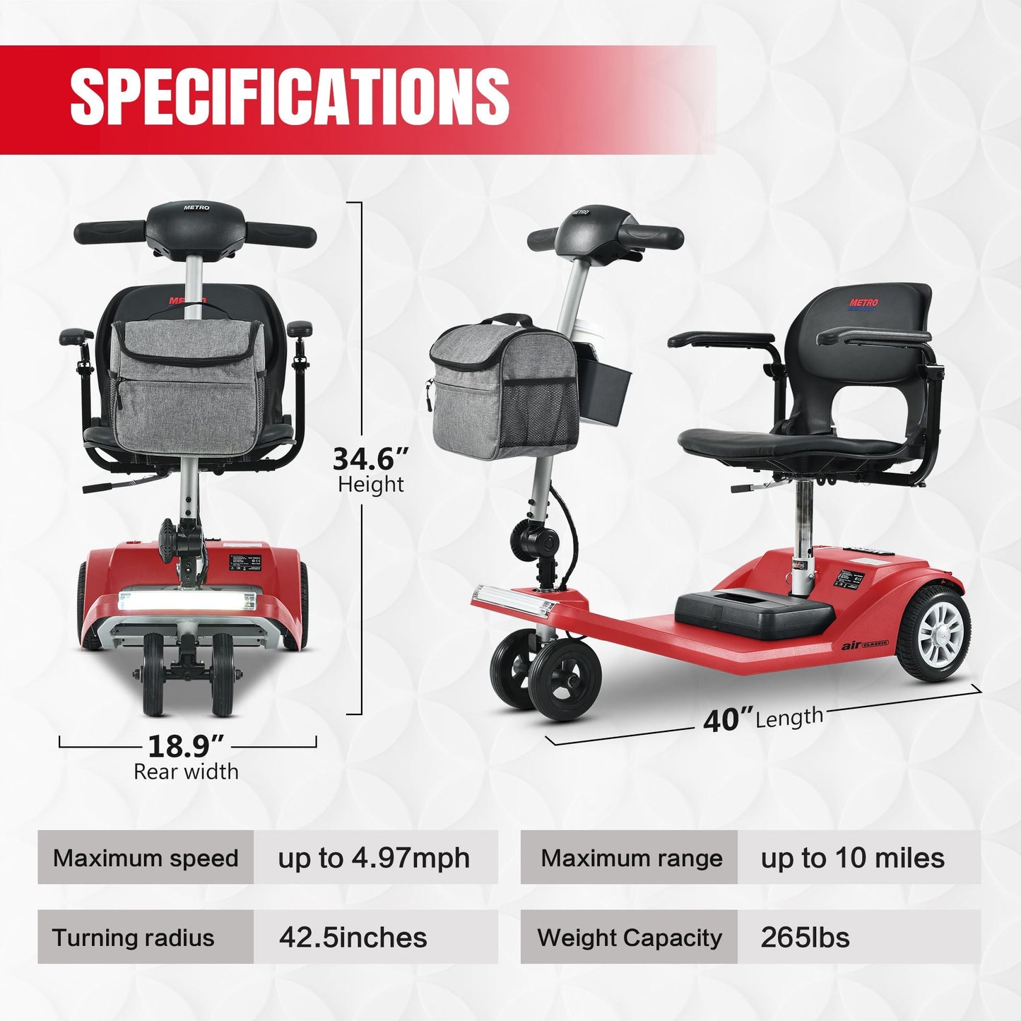 Metro Mobility Scooters, Super Lightweight Foldable Electric Mobility Scooter for Adults and Seniors, Aluminum Frame 33lbs Only Airline Approved with Detachable Lithium Battery - Rider Smarts