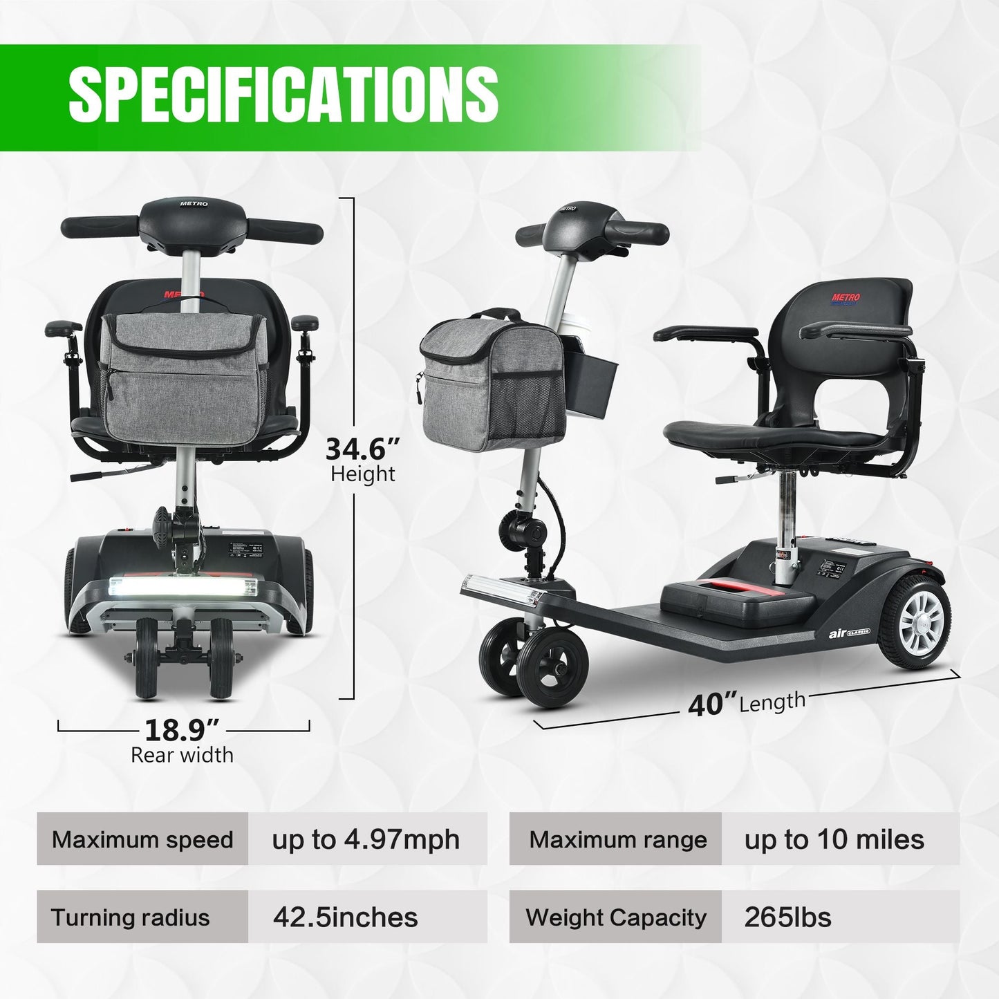 Metro Mobility Scooters, Super Lightweight Foldable Electric Mobility Scooter for Adults and Seniors, Aluminum Frame 33lbs Only Airline Approved with Detachable Lithium Battery - Rider Smarts