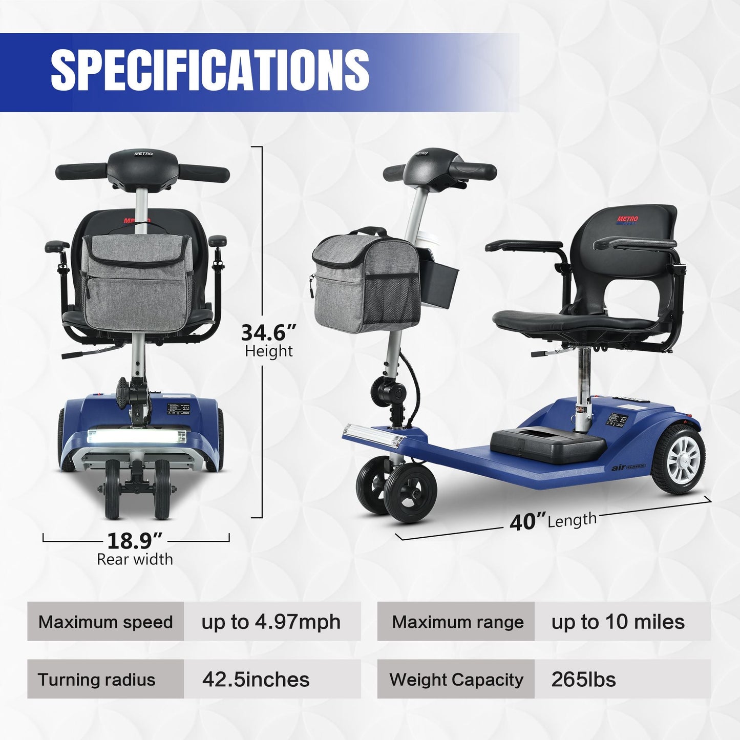 Metro Mobility Scooters, Super Lightweight Foldable Electric Mobility Scooter for Adults and Seniors, Aluminum Frame 33lbs Only Airline Approved with Detachable Lithium Battery - Rider Smarts