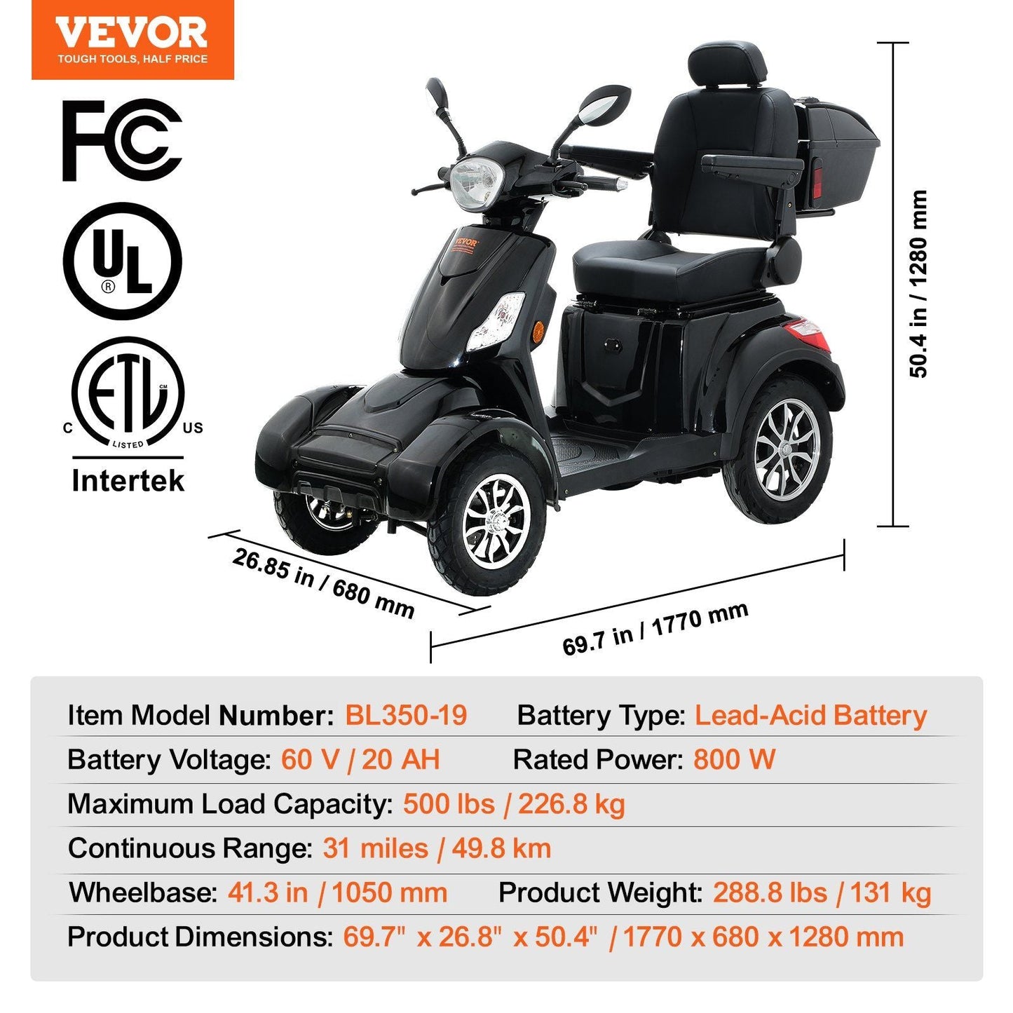 VEVOR Heavy Duty 4-Wheel Mobility Scooters for Seniors & Adults 500lbs Capacity - 31 Miles 3-Speed Long Range, 800W All Terrain Electric Recreational Scooter Wheelchair with 25° Max Climbing Capacity - Rider Smarts