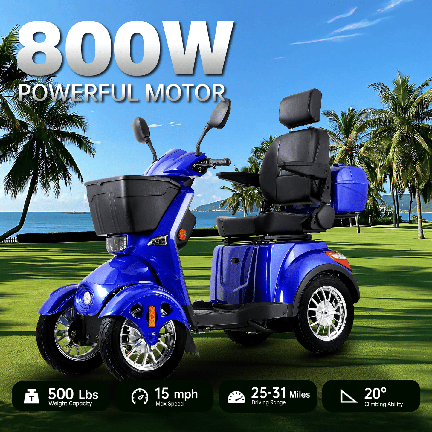 XL3D4L Electric Mobility Recreational Travel Scooter for Adults,Mobility Scooters for Seniors, 4 Wheel Powered Mobility Scooters, - Rider Smarts