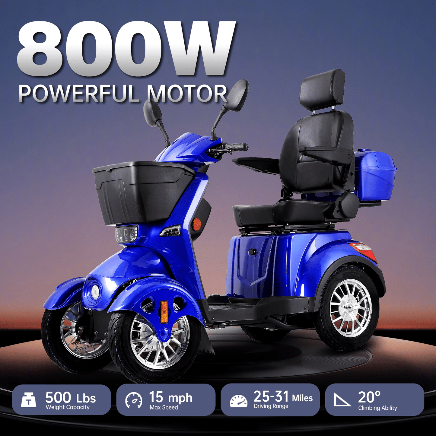 XL3D4L Electric Mobility Recreational Travel Scooter for Adults,Mobility Scooters for Seniors, 4 Wheel Powered Mobility Scooters, - Rider Smarts