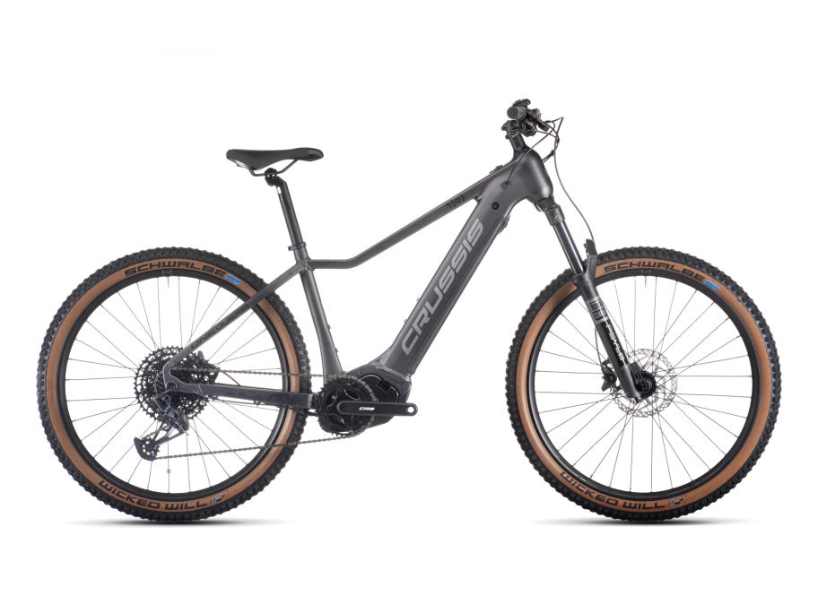 Crussis ONE-Guera 10.10 Women’s Mountain E-Bike-Gray electric bicycle with brown tires.