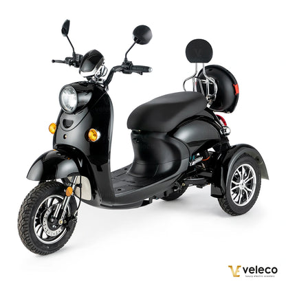 Veleco ZT63 Retro Mobility Scooter 650W-Black three-wheeled scooter on a white background with Veleco branding.