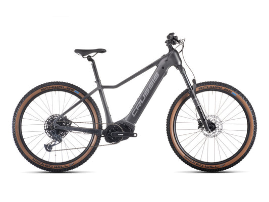 Crussis ONE-Guera 10.10 Women’s Mountain E-Bike-Gray electric bicycle with brown tires.